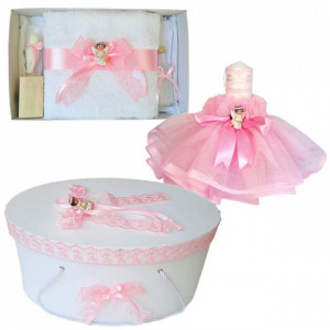 Set dantela trusou botez, cutie trusou si lumanare, Ingeras, decor roz, Denikos® 481