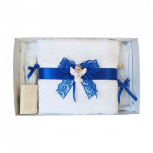 Set dantela trusou botez, cutie trusou si lumanare, Ingeras, decor albastru, Denikos® 476