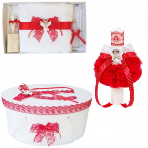 Set trusou botez, cutie trusou si lumanare, dantela si Ingeras, decor Rosu, Denikos® 567