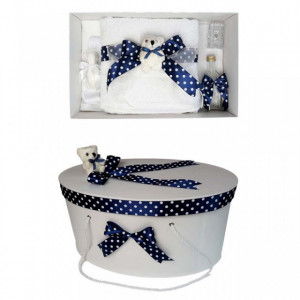 Set trusou botez si cutie trusou, Ursulet, fundita bleumarin cu buline, Denikos® 25