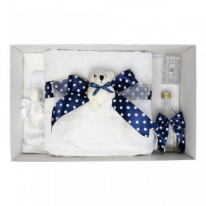 Set trusou botez si cutie trusou, Ursulet, fundita bleumarin cu buline, Denikos® 25