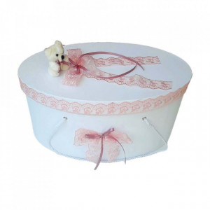 Set trusou botez, cutie trusou si lumanare, dantela si Ursuleti, decor roz pudra, Denikos® 556
