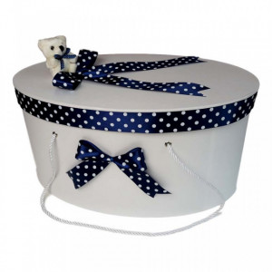 Set trusou botez si cutie trusou, Ursulet, fundita bleumarin cu buline, Denikos® 25