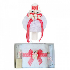 Trusou botez cu ursulet si lumanare glob, dantela si ursuleti, decor Corai, Denikos® 602