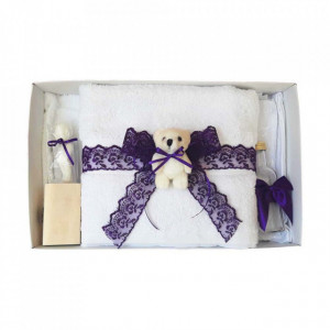 Trusou botez cu ursulet si lumanare glob, dantela si ursuleti, decor Mov, Denikos® 604