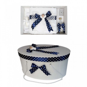 Set trusou botez si cutie trusou, Ingeras, fundita bleumarin cu buline, Denikos® 18