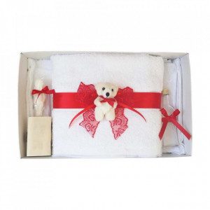 Trusou botez cu ursulet si lumanare glob, dantela si ursuleti, decor Rosu, Denikos® 605