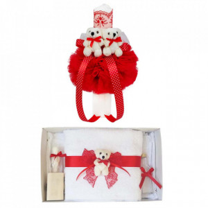 Trusou botez cu ursulet si lumanare glob, dantela si ursuleti, decor Rosu, Denikos® 605