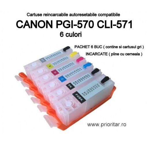 Cartuse reincarcabile pt CANON PGI570 CLI571 autoresetabile PGI-570 CLI-571 PLINE CU CERNEALA refilabile set 6 buc
