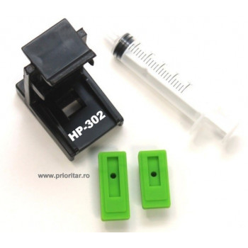 Dispozitiv incarcare si desfundare cartuse HP302 F6U68AE F6U67AE HP-302XL negre si color cu 2 ventuze si seringa