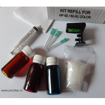 Kit refill reincarcare si desfundare cartuse HP62 HP 62XL C2P06AE C2P07AE color