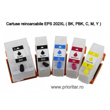 SET 5 cartuse reincarcabile pt EPSON 202XL autoresetabile T02G7 multipack Epson 202 XL ( BK, PBK, C, M, Y )