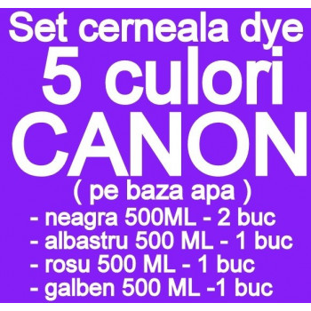 Pachet 5 culori Cerneala CANON DYE CISS PGI5 CLI8 PGI520 CLI-521 PGI525 CLI-526 PGI550 CLI551 pe baza de apa ( 2 X NEGRU + 1 X ALBASTRU + 1 X ROSU + 1 X GALBEN ) - 500 ml fiecare - TOTAL 2.5 LITRI