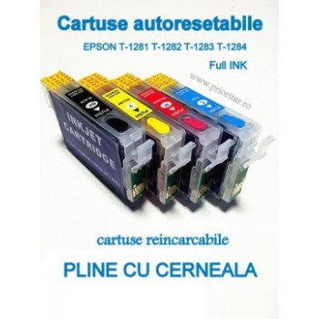 PACHET Cartuse PLINE CU CERNEALA autoresetabile EPSON T1281 T1282 T1283 T1284 reincarcabile refilabile ( Cartus T-1281 T-1282 T-1283 T-1284 cip auto-resetabil ) Epson BX305F S22 SX125 SX130 SX235W SX420W SX425W SX435W SX438W SX440W SX445W