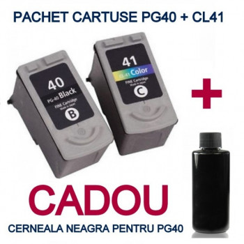 Pachet Cartuse pentru CANON PG40 + CANON CL41 + CADOU 100 ML cerneala BK ( PG-40 NEGRU CL-41 COLOR ) compatibile