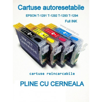 PACHET Cartuse PLINE CU CERNEALA autoresetabile EPSON T1291 T1292 T1293 T1294 reincarcabile refilabile ( Cartus T-1291 T-1292 T-1293 T-1294 cip auto-resetabil )