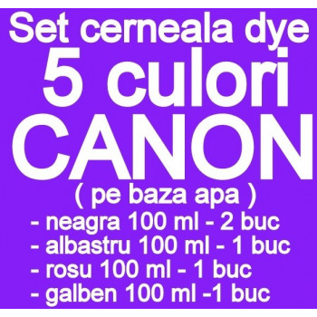 Pachet 5 culori Cerneala CANON DYE CISS PGI5 CLI8 PGI520 CLI-521 PGI525 CLI-526 PGI550 CLI551 pe baza de apa ( 2 X NEGRU + 1 X ALBASTRU + 1 X ROSU + 1 X GALBEN ) - 100 ml fiecare