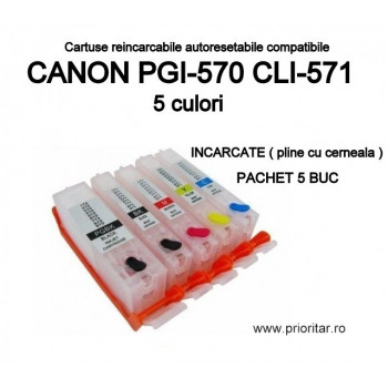 Cartuse reincarcabile pt CANON PGI570 CLI571 autoresetabile PGI-570 CLI-571 PLINE CU CERNEALA refilabile set 5 buc
