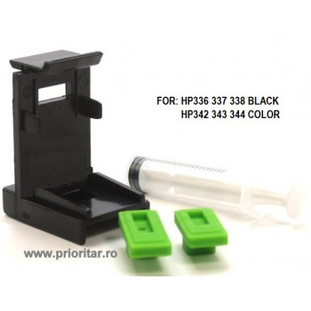 Dispozitiv incarcare si desfundare cartuse NEGRE HP 336 HP337 HP338 si COLOR HP342 HP343 HP344 cu 2 ventuze si seringa