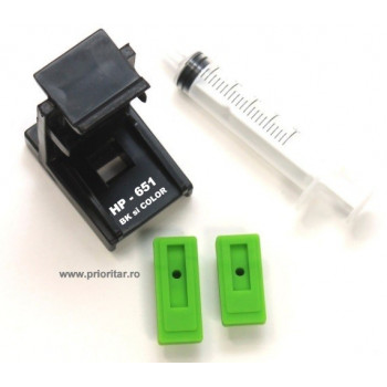 Dispozitiv incarcare si desfundare cartuse HP651 C2P10AE HP-651XL C2P11AE negre si color cu 2 ventuze si seringa
