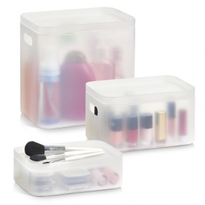 SET 3 CUTII CU CAPAC ,TRANSPARENTE ,DIN PLASTIC,PENTRU COSMETICE