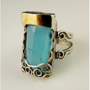 Inel argint si aur 14k -blue ocean quartz-100679