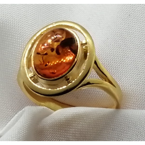 Inel din argint placat cu aur galben si chihlimbar cognac- R2088