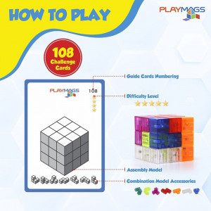 Cub Puzzle Inteligent Playmags Cu Cartonașe De Provocări - Jucărie Educativă Magnetică Brainy MagnaCube