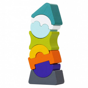 Set constructii 8 piese,Turn cu acoperis turquoise - Jucarie din lemn, Cubika