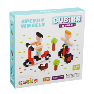 Set de constructii 200 piese, World Speedy Wheels Joc Din Lemn, Cubika