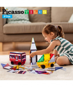 Set PicassoTiles 3-în-1 cu piese de construcție și autocolante magnetice (64 piese) - Rachetă, Tren și Autobuz școlar