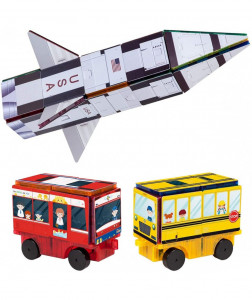 Set PicassoTiles 3-în-1 cu piese de construcție și autocolante magnetice (64 piese) - Rachetă, Tren și Autobuz școlar