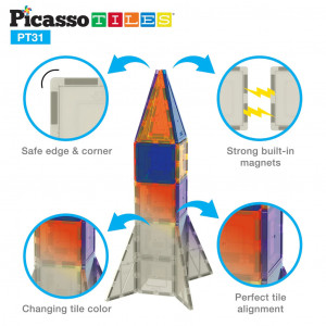 Set PicassoTiles 31 piese magnetice de construcție în culori schimbătoare activate UV