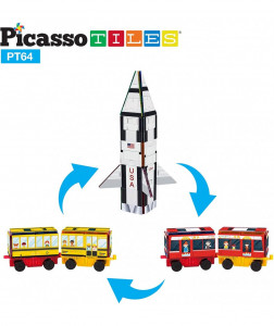 Set PicassoTiles 3-în-1 cu piese de construcție și autocolante magnetice (64 piese) - Rachetă, Tren și Autobuz școlar