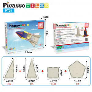 Set PicassoTiles 31 piese magnetice de construcție în culori schimbătoare activate UV