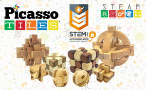 Set PicassoTiles 8 stiluri de Puzzle logic din lemn: cuburi Burr, minge, butoi, șarpe-cub