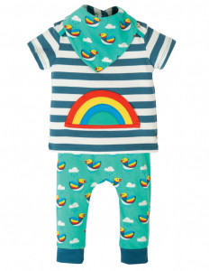 Compleu tricou+colanti+bavetica din bumbac organic - Steely Blue Stripe/Rainbow, Frugi