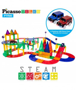 Set PicassoTiles Pistă de curse - 80 piese magnetice de construcție colorate - conține 2 mașini cu LED-uri