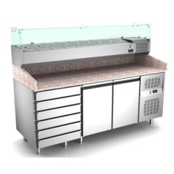 Masa frigorifica pentru pizza cu 2 usi, 6 sertare si vitrina , +2°/ +8° C