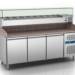Masa frigorifica cu vitrina pentru pizza cu 3 usi 9x GN 1/3