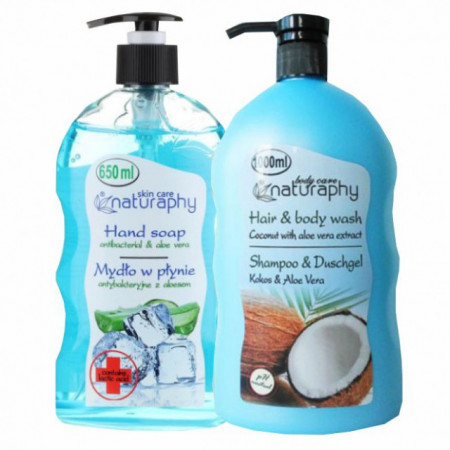 Pachet Sapun lichid cu aloe vera si acid lactic 650 ml + Sampon si gel de dus cocos si aloe vera 1000ml