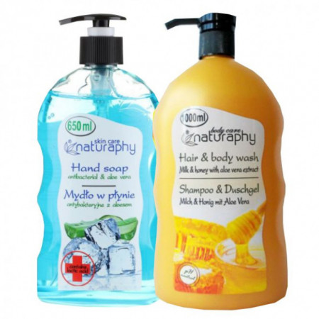 Pachet Sapun lichid cu aloe vera si acid lactic 650 ml + Sampon si gel de dus miere si lapte si aloe vera 1000ml