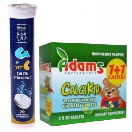 Pachet CalciKid Adams Vision 30+30cps Cadou + Calciu 300 mg + Vitamina C - 20 cpr efervescente - Zdrovit