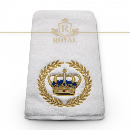 Prosop baie Brodat Coroana Royal , bumbac 100%, alb, 70x140cm - 680gr/mp