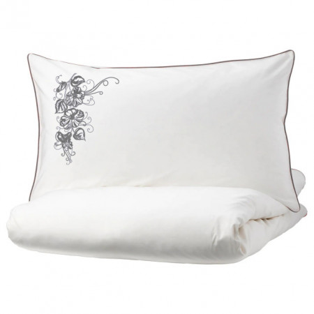 Lenjerie Ranforce -145 gr/mp - Pat Dublu cu Fete de perna brodate - Model floral 1 - Gri