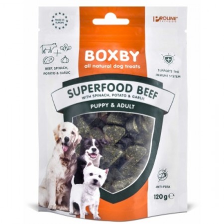 Recompense pentru caini, Boxby Superfood Beef, Spinach & Garlic, 120g