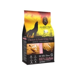 Hrana uscata pentru caini, Ambrosia Grain Free, Junior, Pui si Peste, 12 Kg