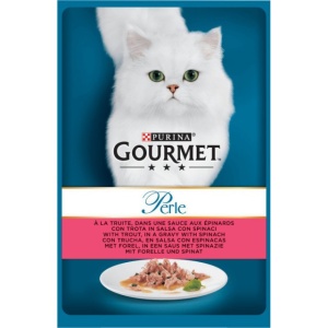 Hrana umeda pentru pisici, Gourmet Perle, Pastrav si Spanac in sos, 24 X 85g
