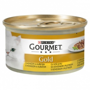 Hrana umeda pentru pisici, Gourmet Gold, Double Pleasure cu vită și pui în sos, 85g