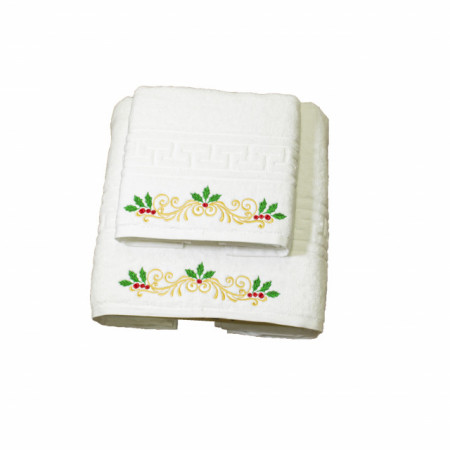 Set 2 Prosoape baie Brodate, Model Craciun 2, Prosoape HOTEL, bumbac 100%, alb, 70x140cm+50x90cm-650gr/mp